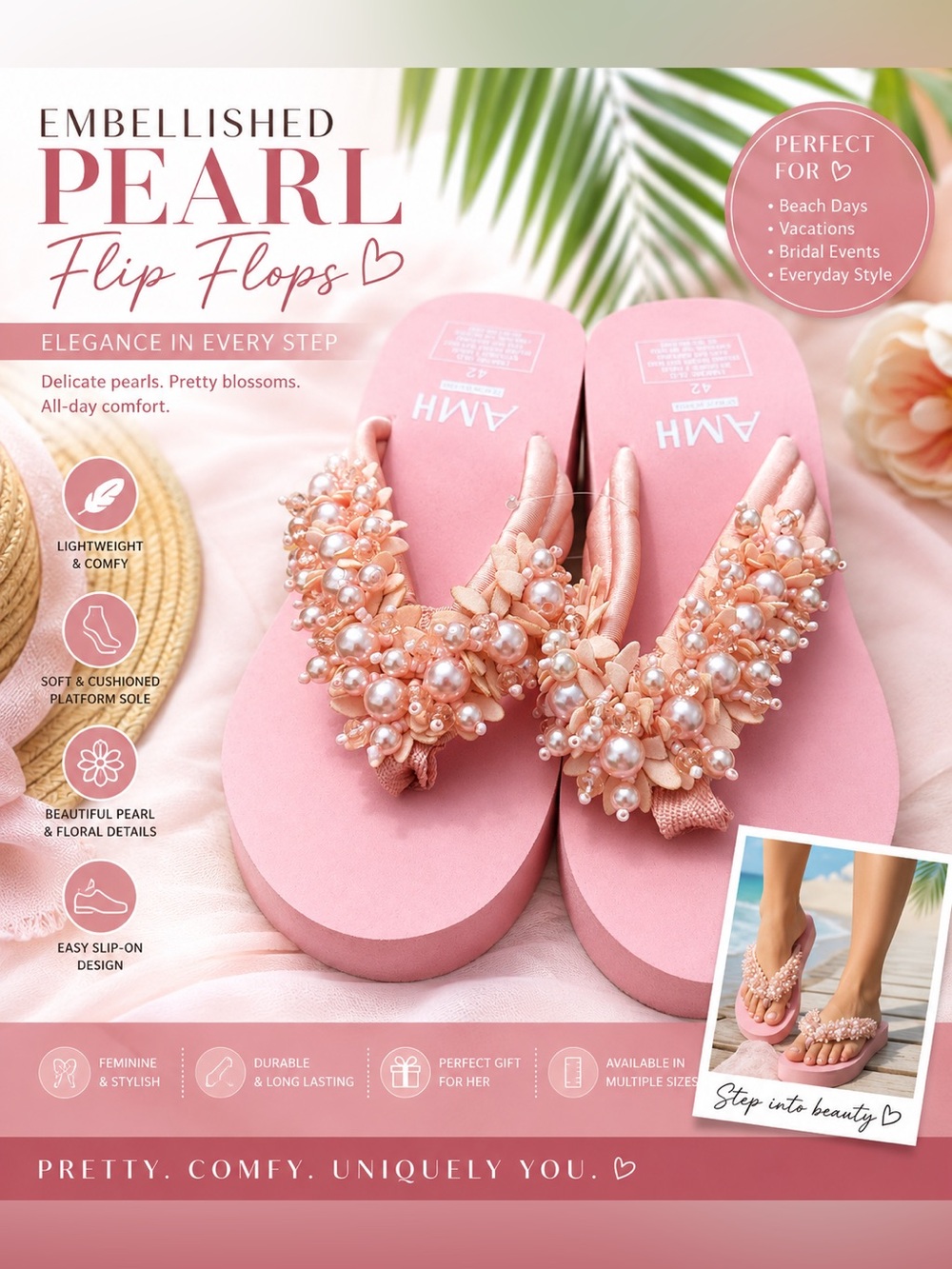🩷.  S-38.  Embellished Pearl Pink Flip Flops